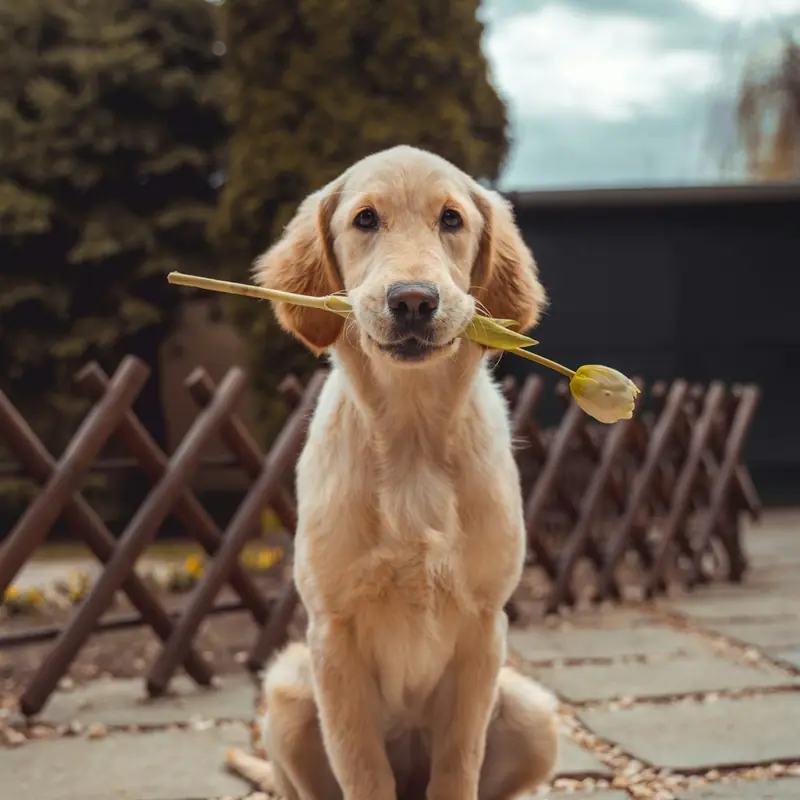 Bailey, a golden retriever with a leaf in his mouth